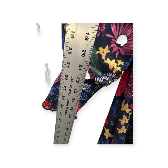 AQUA Floral Print Smocked Midi Dress M Red Ruffles Romantic Whimsical V Neck 404 - Picture 7 of 9